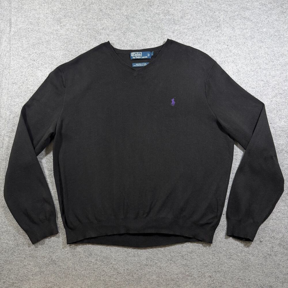 Vintage Polo Ralph Lauren Pima Cotton Sweater Mens L Black V-Neck Preppy Knit